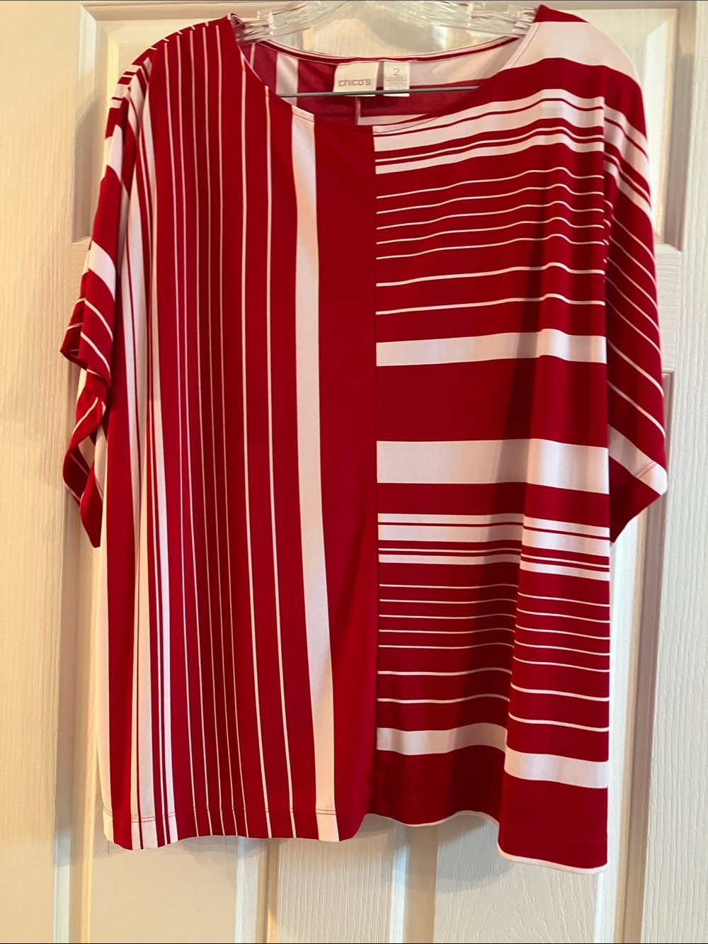 Chico's Red and White Short-Sleeve Striped Tee